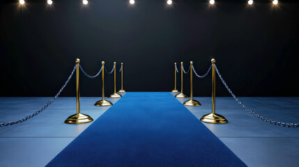 Elegant blue carpet pathway with golden stanchions and ropes, leading to a spotlight area, suitable for red carpet events, ceremonies, or celebrations