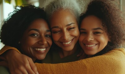 Three generational women embracing, smiling spending pleasant time together, celebrate life event, Happy Mother Day at home, close up