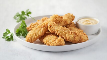 A plate of crispy chicken tenders served with a side of honey mustard dipping sauce
