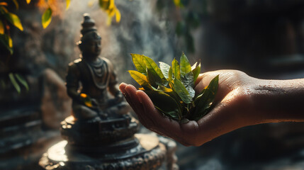 Hand Holding Bilva Leaves Near Shiva Lingam, mahashivratri