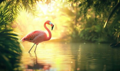 Fototapeta premium Flamingo standing elegantly by a serene lake with rippling reflections, surrounded by lush greenery and soft golden light at sunrise