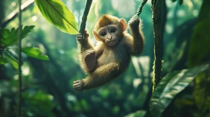 Fototapeta premium Adorable baby monkey hanging from a tree branch in a lush green rainforest.