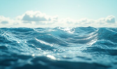 Gentle waves rolling under a bright blue sky, sunlight reflecting off the crystal-clear ocean, creating a mesmerizing gradient of aqua and deep blue hues