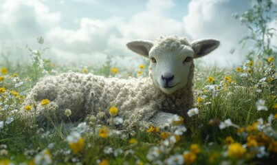 Fototapeta premium Fluffy lamb resting in a meadow with delicate wildflowers around it, captured in soft light to highlight its innocence and charm