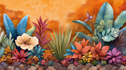 Layered tropical garden with vibrant plants and intricate foliage against warm, textured orange background, creating lush and colorful botanical scene
