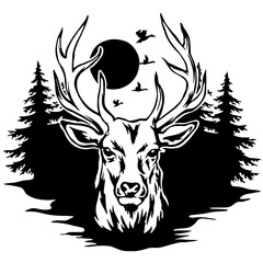 Stag LOGO design hand-drawn vector art, deer with trees and sun and wild ducks black LOGO