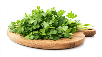 A bunch of fresh green parsley with vibrant leaves sits on a wooden cutting board against a white background showcasing natural freshness

