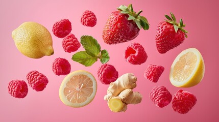 Floating fresh fruit mix on a pink background, raspberries, lemon, ginger and strawberries representing healthy eating and detox, ideal for wellness and food blogs.