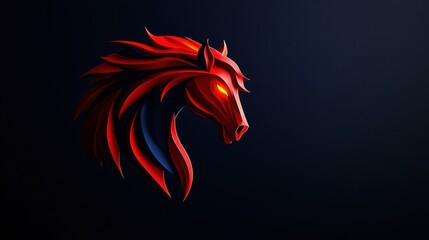 A striking representation of a horse's head is captured in vibrant red tones, featuring glowing eyes. The design showcases fluid lines and a dramatic silhouette, set against a dark background