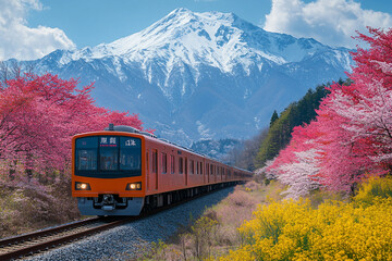 Obraz premium Scenic Japanese train passing through cherry blossoms with Mount Fuji in the background during spring - Generative AI
