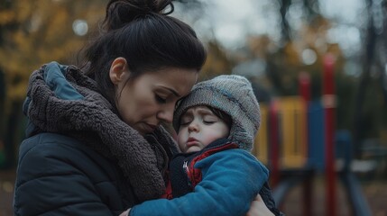 Obraz premium A mother holds her sleeping child in a park filled with autumn foliage. The cozy moment captures their bond as the child rests peacefully, surrounded by colorful playground equipment