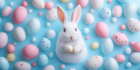 Soft white rabbit surrounded by colorful Easter eggs on light blue background in a festive spring arrangement
