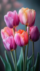 Naklejka premium Blooming tulips showcasing vibrant shades of pink and orange in a fresh spring garden setting