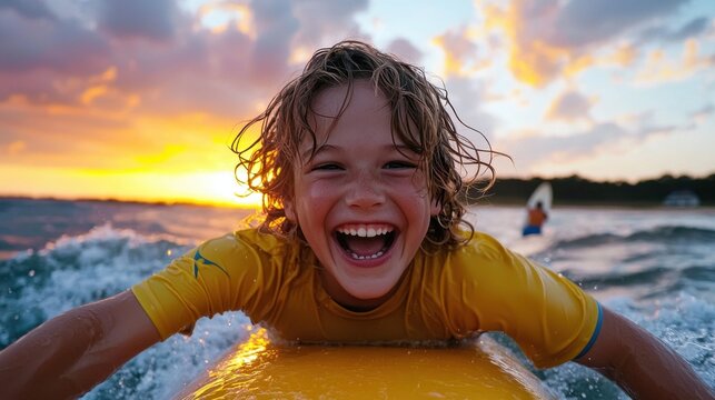 A young boy with curly hair smiles widely while gliding on a surfboard just above the water's surface. The sun sets behind him, casting warm hues across the sky and reflecting in the waves