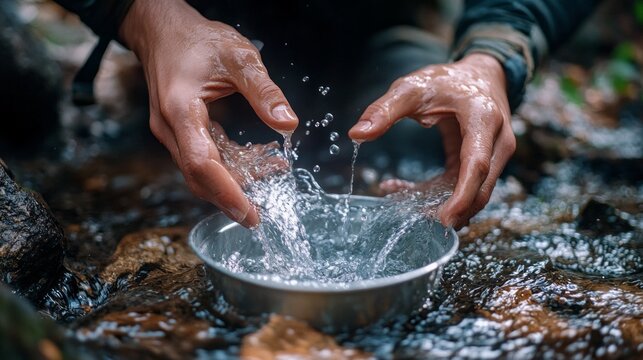 Hands skillfully filter water through a homemade device, allowing clear droplets to fall into a container. The setting is lush and natural, emphasizing survivalist techniques. - Powered by Adobe