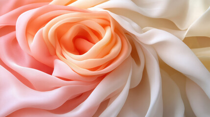 Soft chiffon fabric in shades of light coral and pastel peach elegantly folds into delicate rose shape, blending seamlessly into warm ivory tones, creating dreamy and romantic aesthetic