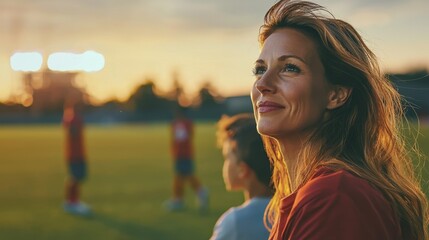 A woman stands near a soccer field at sunset, observing a youth soccer match. She shares this joyful moment with a child, appreciating the game and the atmosphere