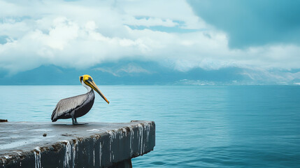 A brown pelican with a yellow head, perched on the edge of an ocean pier
