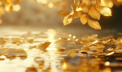 Close-up of golden autumn leaves floating on a calm puddle, soft reflections creating a peaceful seasonal atmosphere