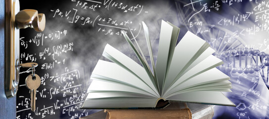 Opening the gateway to knowledge with a book surrounded by scientific wonders and mathematical mysteries
