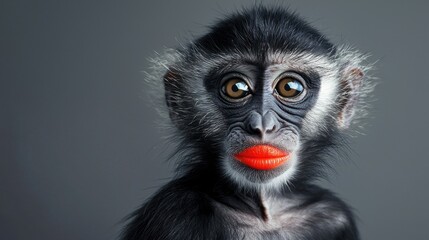 Obraz premium A monkey with striking red lipstick poses for a close-up shot. Its expressive eyes and distinct features capture attention in this creative studio environment
