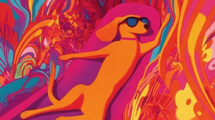   A dog in sunglasses on a rock amidst a vibrant backdrop