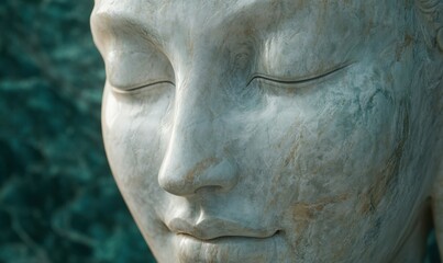 Intricate marble sculpture of a serene face with soft light emphasizing the details of its craftsmanship, set against a deep teal backdrop.