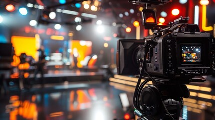 Photo of the cameraman camera on the set for recording talk shows or musical show. Television industry. Free space for the text.