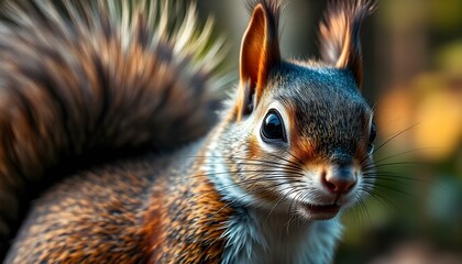 Obraz premium Extreme close up of a male bushy tailed squirrel with fluffy tail and bright eyes