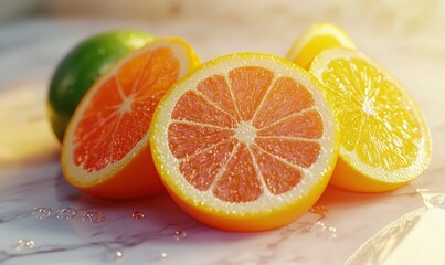 Juicy citrus fruits sliced and arranged in a vibrant, refreshing composition on a marble background.
