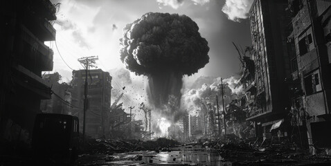 A large mushroom cloud rises over a devastated city, with crumbling buildings and debris strewn across the streets. The sky is filled with dark smoke, creating a haunting atmosphere
