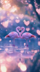 Pink flamingos create a heart shape with their necks, symbolizing love. Ideal for Valentine's Day, romance themes, and relationship focused content.
