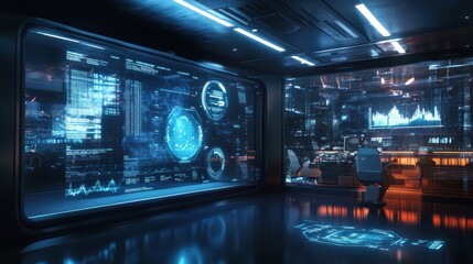 Naklejka premium Futuristic control room with holographic displays showing data and graphs.