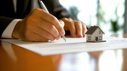 Fototapeta premium A person in formal attire is signing a contract on a wooden table. A small model house is positioned next to the documents, indicating a real estate transaction taking place