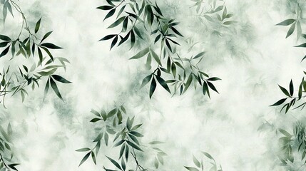   A zoomed-in photo of a leaf and branch pattern against a soft green and white backdrop