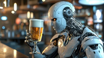 Fototapeta premium A sleek robot is sitting at a wooden bar, holding a glass of golden beer. The bar features contemporary decor and ambient lighting, creating a relaxed atmosphere