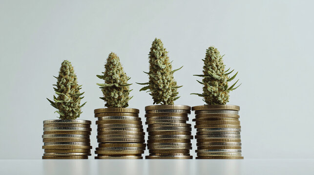 Four cannabis buds placed on stacks of golden coins symbolizing the growth and financial success of the legal marijuana industry

