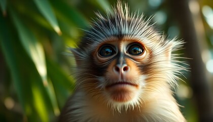 Fototapeta premium Intricate close up of a male capuchin monkey with a focused gaze and textured fur