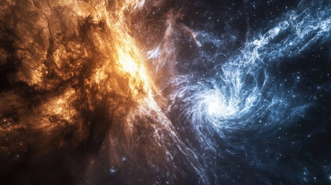 A cosmic nebula showcases vibrant oranges blending with deep blues, highlighting the beauty of stellar formations in space with captivating swirling patterns