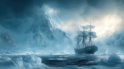 Obraz premium Frozen Arctic Ship Sailing, Majestic Ship in Frozen Sea, Dramatic Mountain Background, Stock Photo