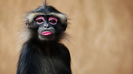Fototapeta premium This monkey exhibits vibrant facial coloration with striking pink hues around its eyes and a playful expression. It stands against a soft, natural background, showcasing its unique appearance