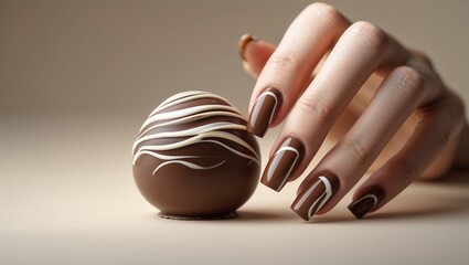 Mocha mousse nails with elegant swirl design and chocolate truffle.

