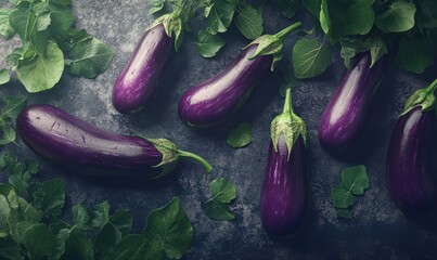 Fresh eggplants with shiny purple skin arranged on a slate surface, surrounded by scattered green leaves, emphasizing organic produce and earthy tones