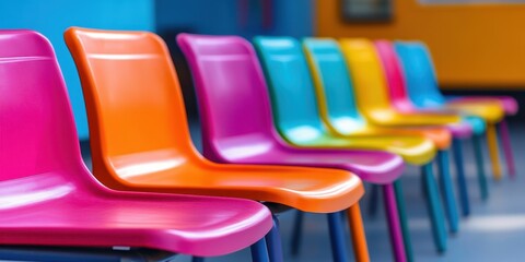 Row of colorful plastic chairs lined up in school waiting area