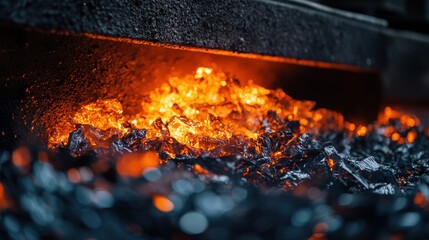 Bright orange embers glow among blackened coals inside a furnace at a metalworking facility, casting a warm and intense light in the dimly lit environment