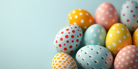 Colorful decorated eggs arranged on a pastel surface for a festive spring celebration