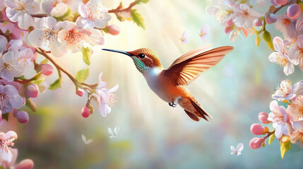 Fototapeta premium vibrant hummingbird hovers gracefully among colorful blossoms, its delicate wings shimmering in soft sunlight. lush floral background and gentle butterflies create dreamy, serene atmosphere