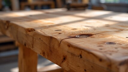 Solid wood table with natural light and rustic details. Perfect for cozy interiors, craftsmanship, organic design, and sustainable furniture themes.