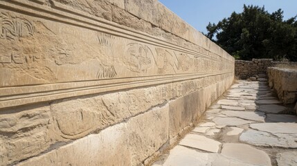 Ancient stone wall carvings, pathway, and landscape