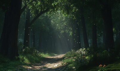 Fototapeta premium Serene forest path illuminated by dappled sunlight filtering through the tall trees, creating a magical and inviting woodland scene